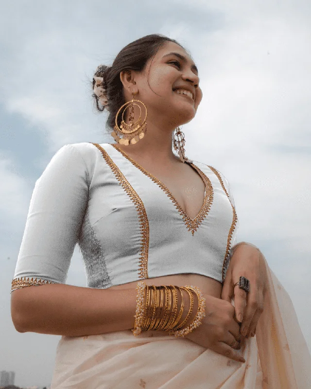 Zohra x Luxe | Pearl White Saree Blouse w/ FlexiFit™ Side Seam