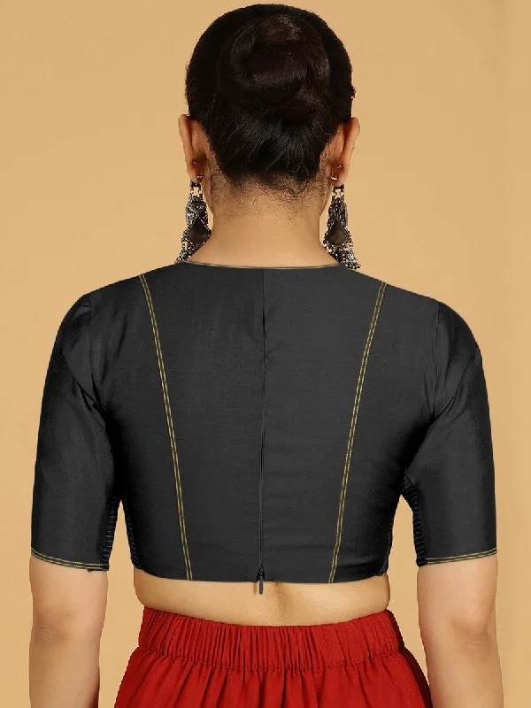 Erum x Rozaana | Elbow Sleeves Saree Blouse in Raven Black