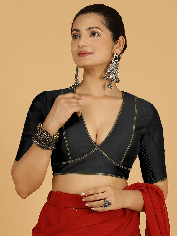 Erum x Rozaana | Elbow Sleeves Saree Blouse in Raven Black