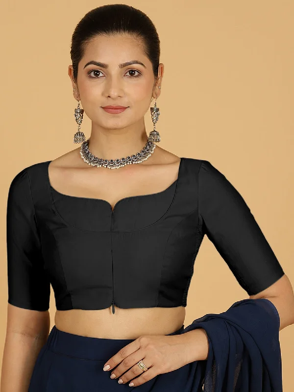 Priya x Rozaana | Elbow Sleeves Saree Blouse in Raven Black