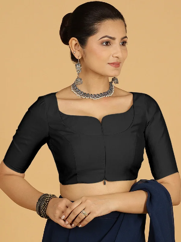 Priya x Rozaana | Elbow Sleeves Saree Blouse in Raven Black