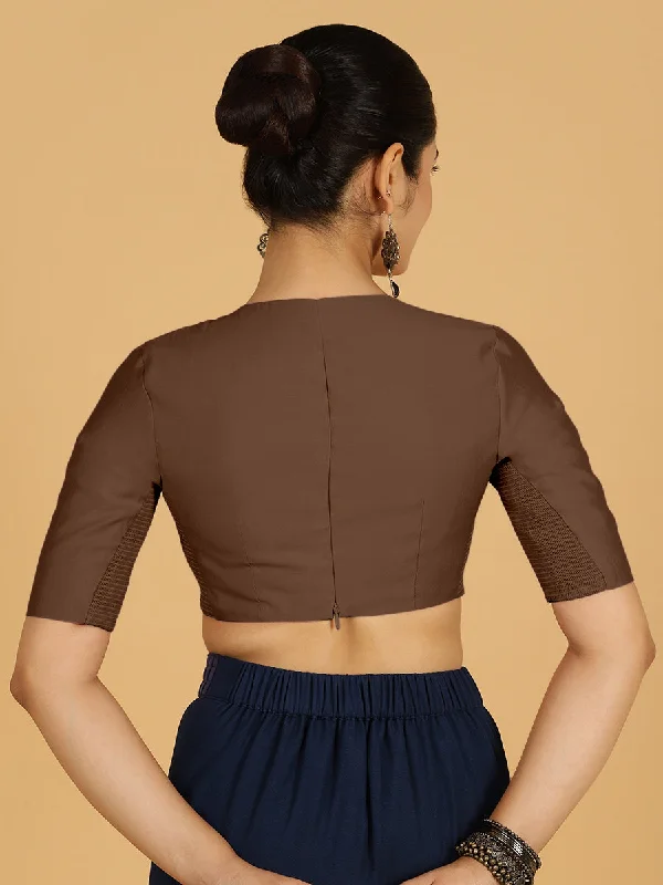 Karishma x Rozaana | Elbow Sleeves Saree Blouse in Walnut Brown