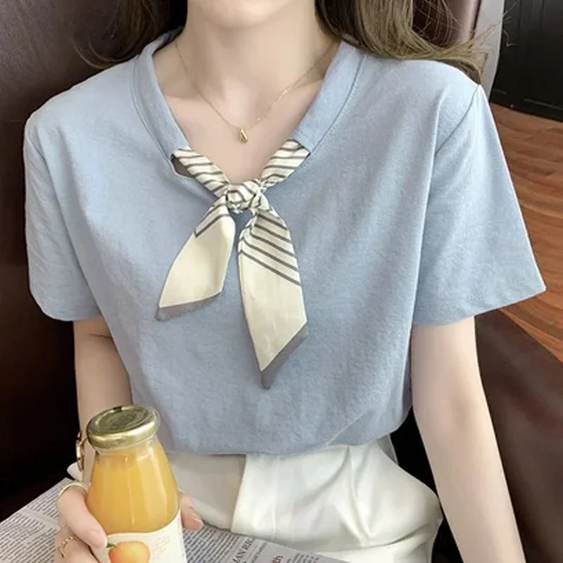 Short Sleeve Bow Casual Cotton Shirts & Tops