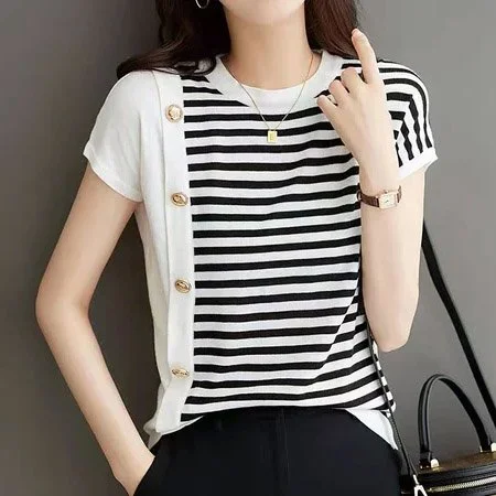 Short Sleeve Casual Shift Striped Shirts & Tops