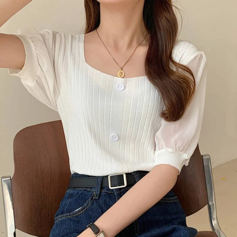 Solid Color Puff Sleeve Knit Blouses