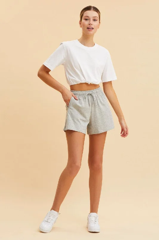 White Cropped T-Shirt Short Sleeve Drawstring Hem