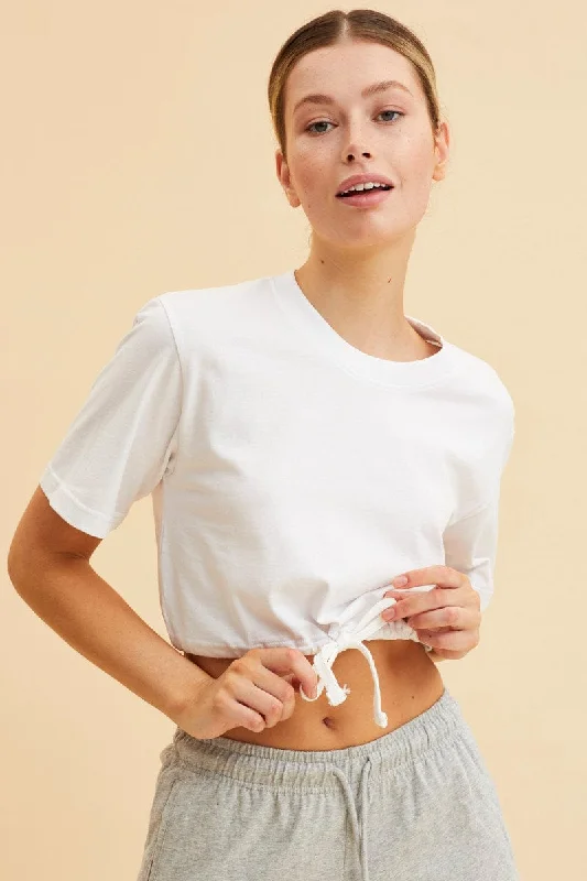 White Cropped T-Shirt Short Sleeve Drawstring Hem