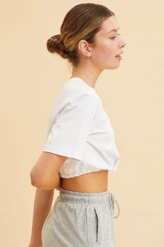 White Cropped T-Shirt Short Sleeve Drawstring Hem