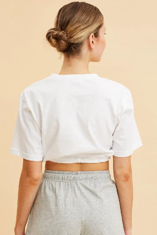 White Cropped T-Shirt Short Sleeve Drawstring Hem