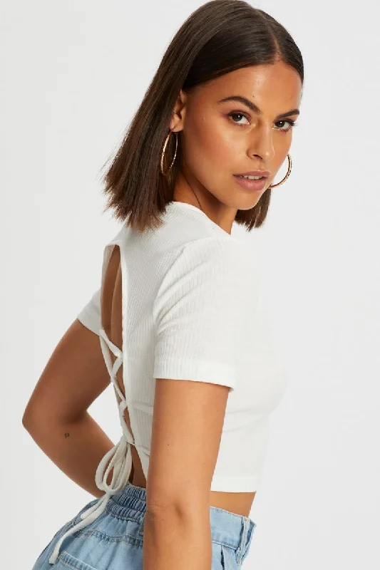 White Lace Up Backless Crop Tee