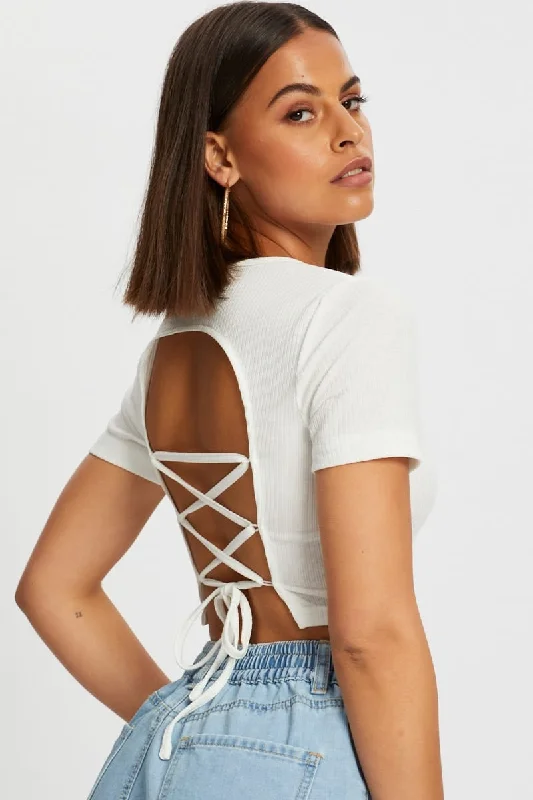 White Lace Up Backless Crop Tee