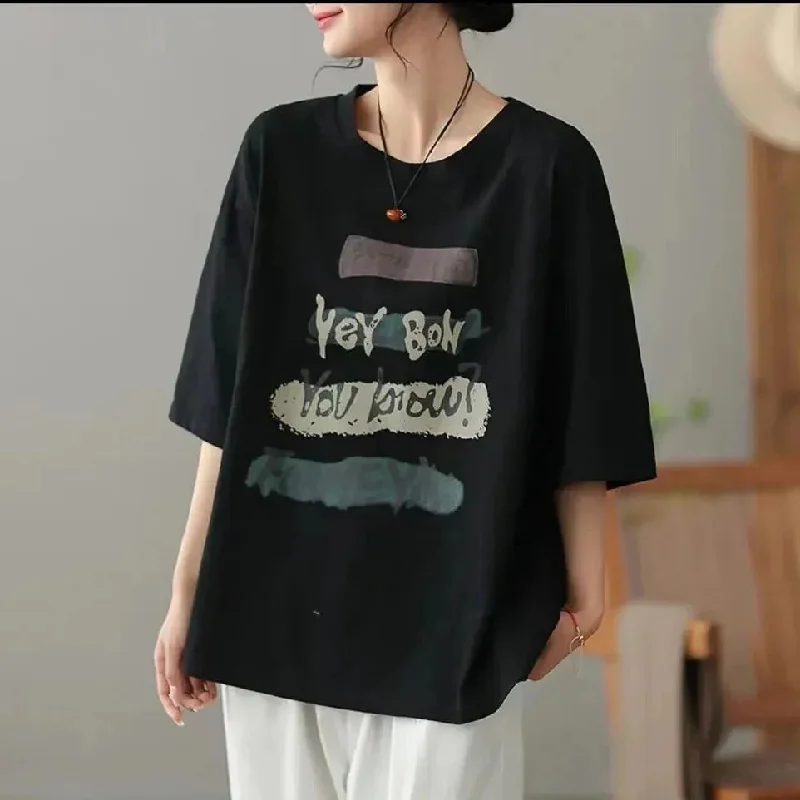 Women's Summer New Retro Commute Short Sleeved Letter Printed Korean Round Neck