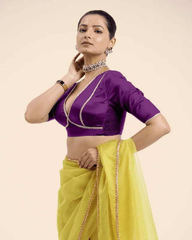 Zeenat x Tyohaar | Purple Saree Blouse w/ FlexiFit™ and Golden Gota Lace