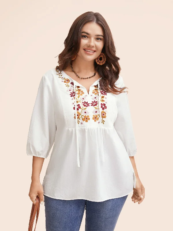 Floral Embroidered Tie Knot Lantern Sleeve Blouse