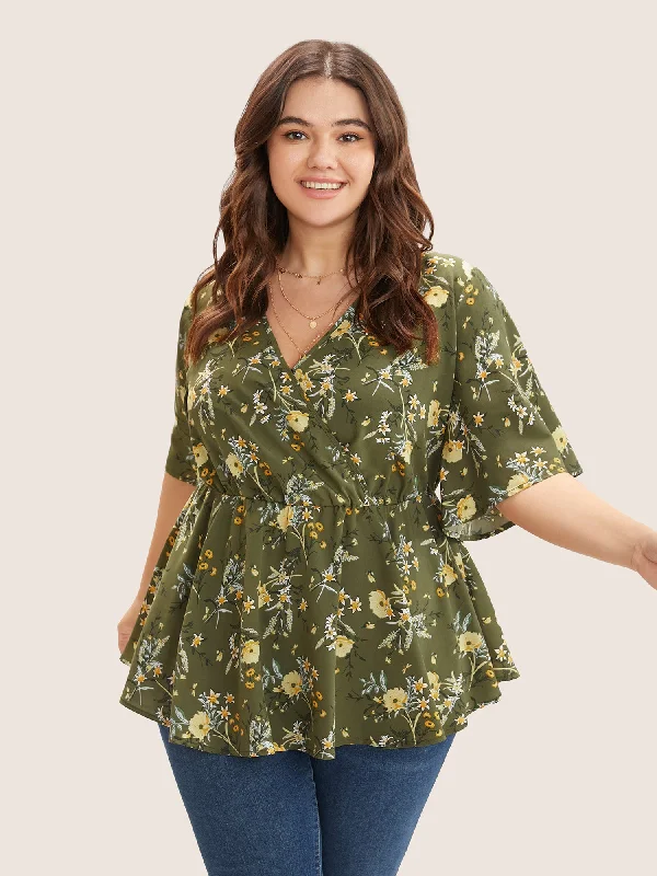 Floral Print Ruffles Surplice Neck Blouse