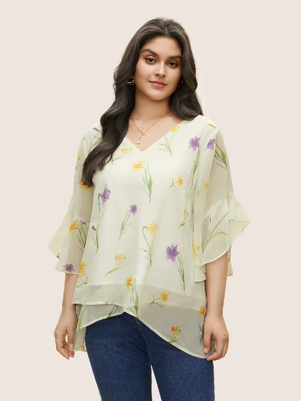 Floral Tiered Mesh Asymmetrical Hem Blouse