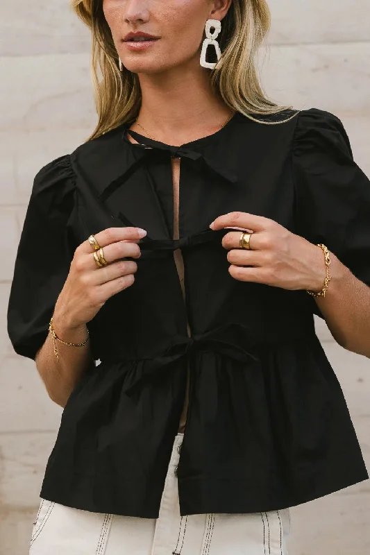 Natalia Peplum Tie Blouse in Black