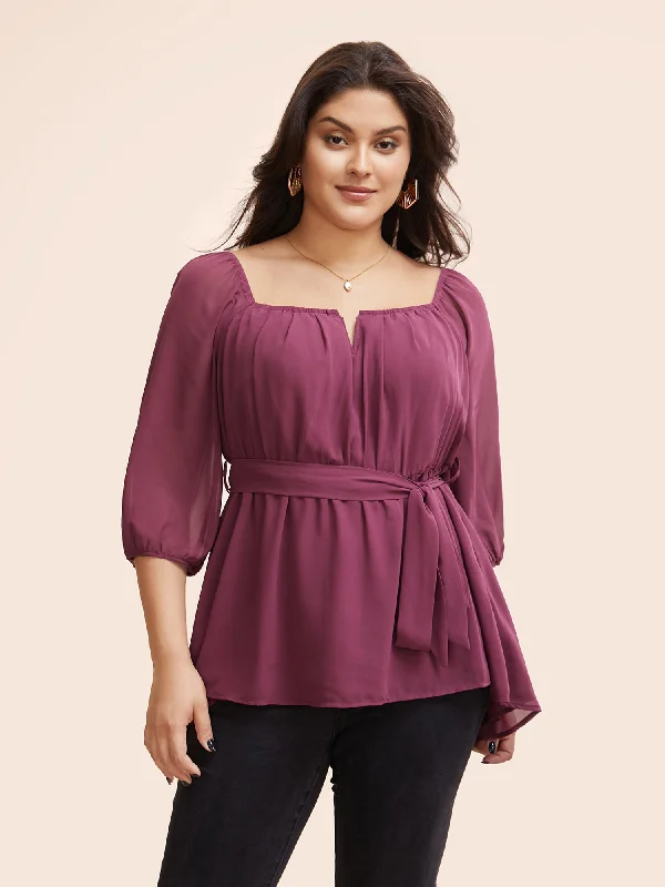 Notched Chiffon Gathered Belted Blouse