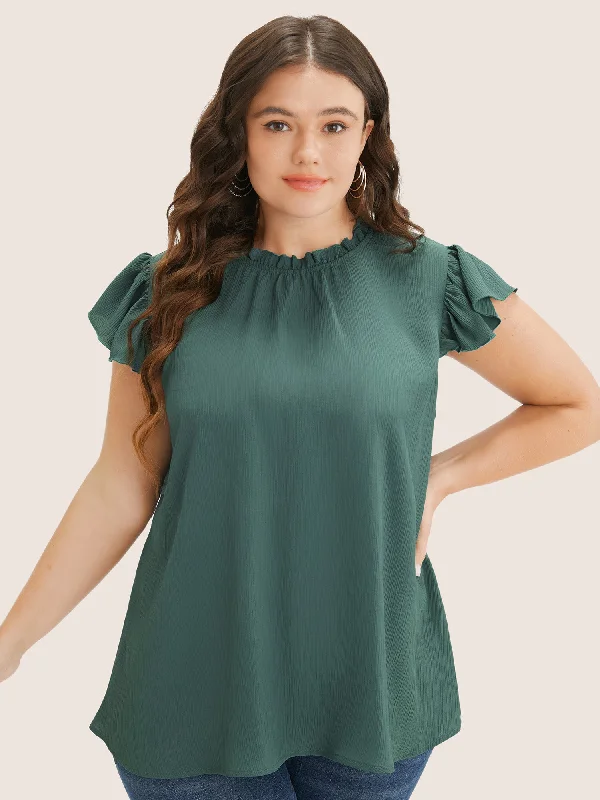 Plain Mock Neck Cap Sleeve Ruffle Trim Blouse