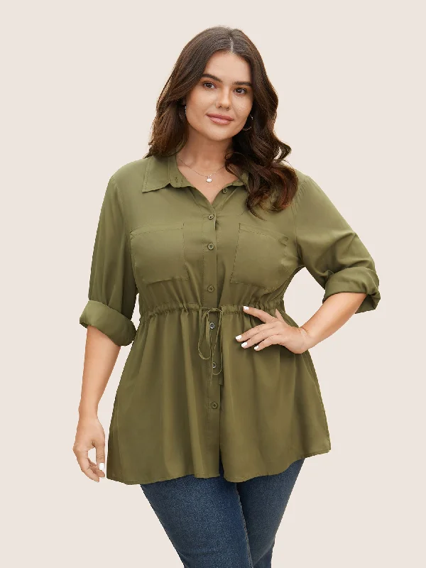 Shirt Collar Patched Pocket Drawstring Blouse