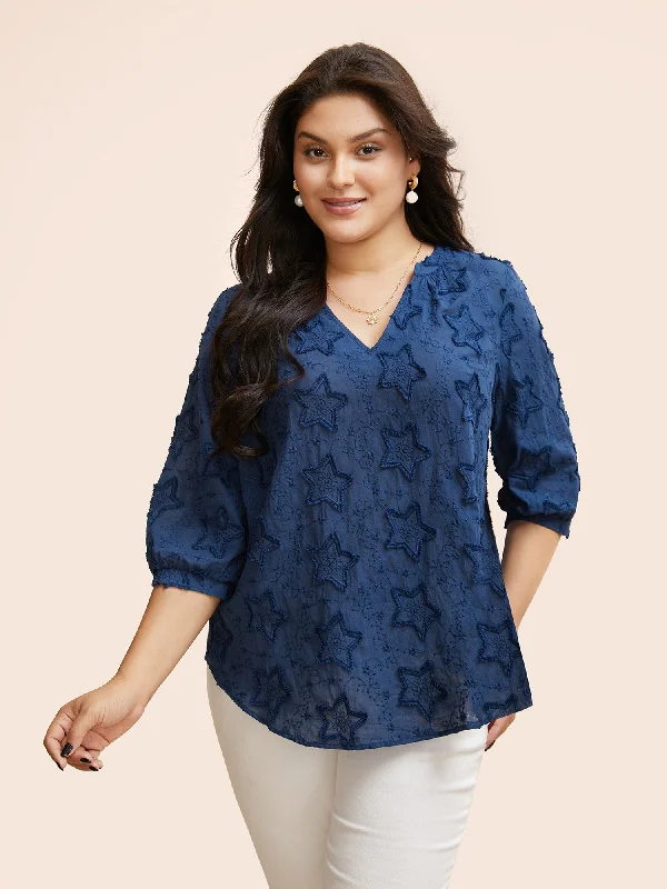 Star Embroidered Texture Lantern Sleeve Blouse