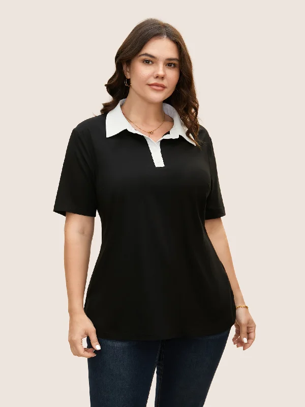 Stretchy Woven Shirt Collar Contrast Blouse