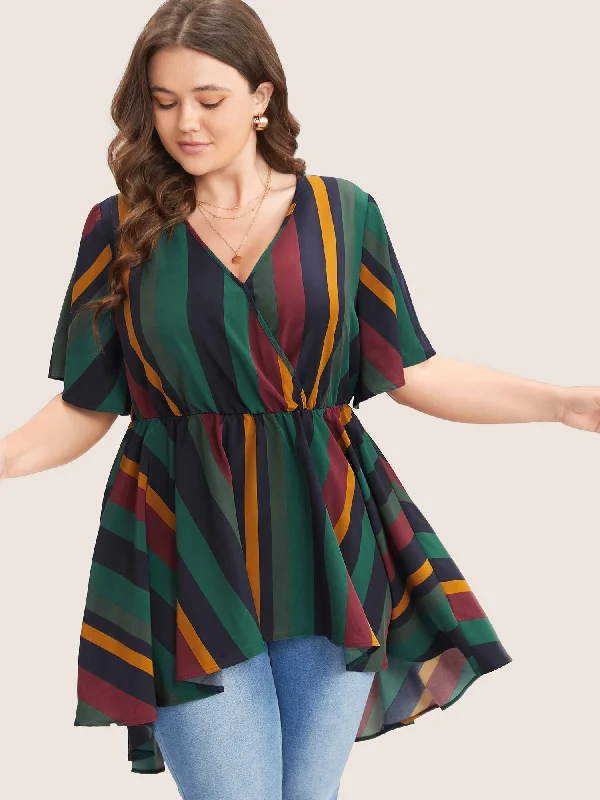 Striped Contrast Wrap Ruffles High Low Hem Blouse