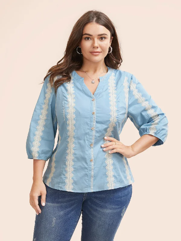 Striped Notched Embroidered Button Detail Blouse