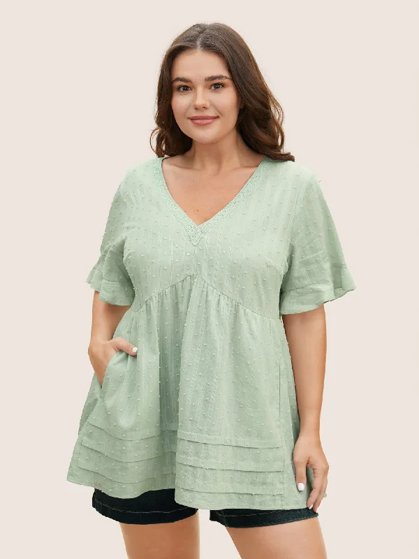 Textured Lace Panel Pleated Pocket Blouse