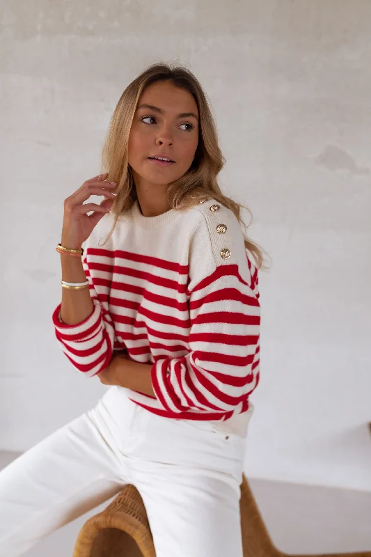 White Aubry Sweater With Red Lines