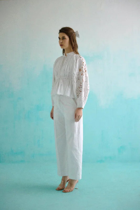 White Gathered Embroidered Bloom Cutwork Blouse