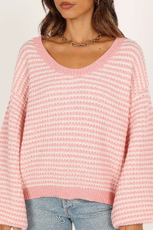 Becca Crewneck Waffle Stitch Stripe Knit Sweater - Pink