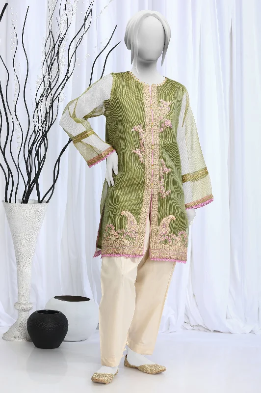 Embroidered Check Zari Green Kurti