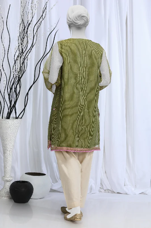 Embroidered Check Zari Green Kurti