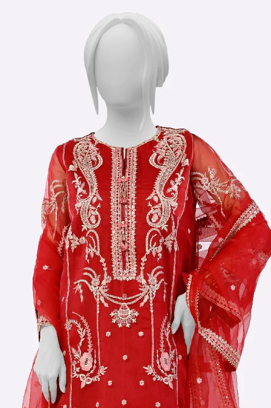 Red Embroidered Kurti With Dupatta