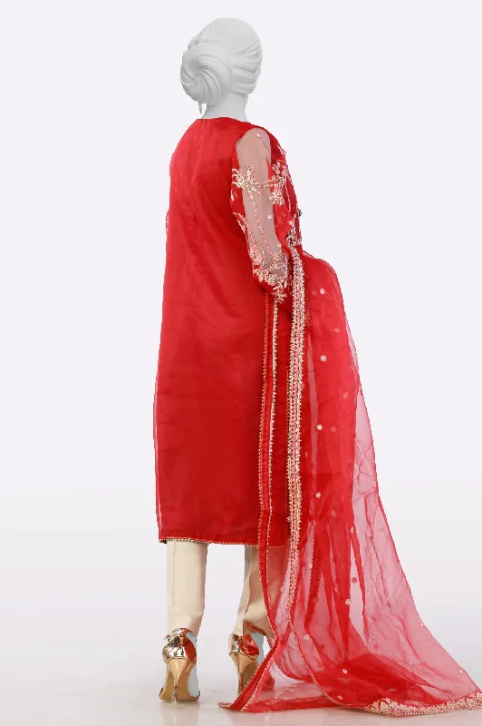 Red Embroidered Kurti With Dupatta