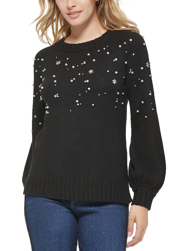 Womens Knit Embellished Crewneck Sweater