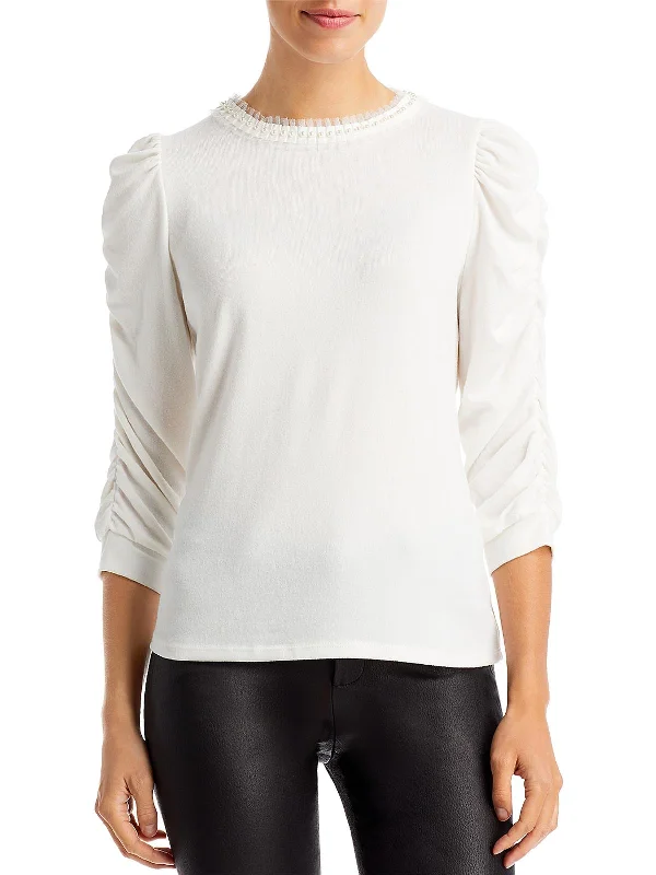 Womens Puff Sleeve Embellished Pullover Top