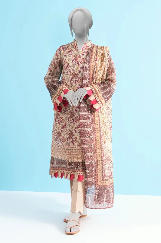 Beige Printed Unstitched Kurti With Dupatta