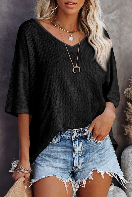 Black Waffle Knit Casual Drop Shoulder Loose Top