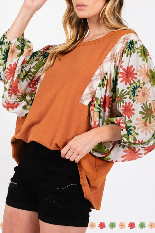 Desert Gold Floral Patchwork Sleeve Loose Top