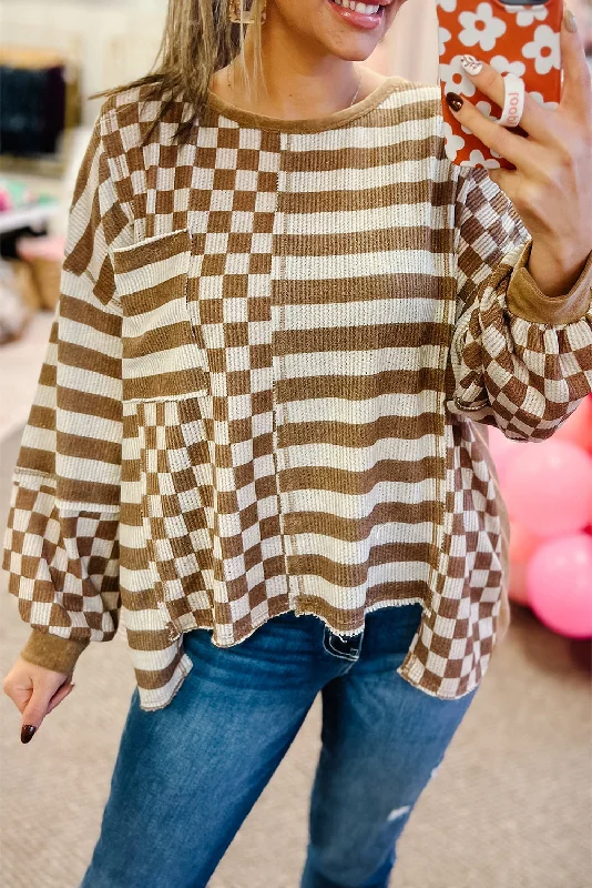 Khaki Checkered Striped Patchwork Lantern Sleeve Top