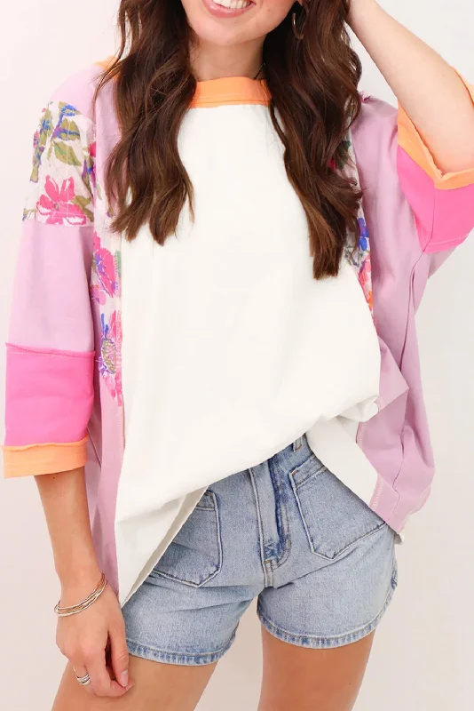 Sachet Pink Floral Patchwork Colorblock Loose Top