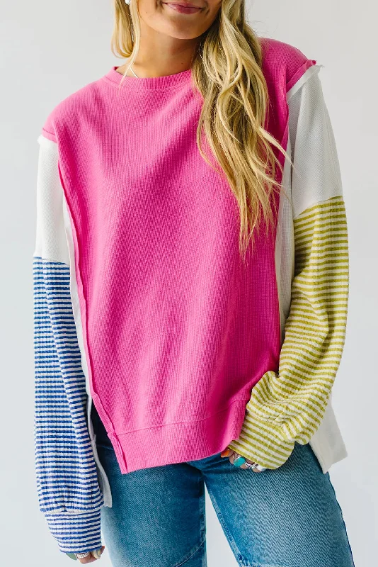 Sachet Pink Waffle Patchwork Striped Sleeve Top