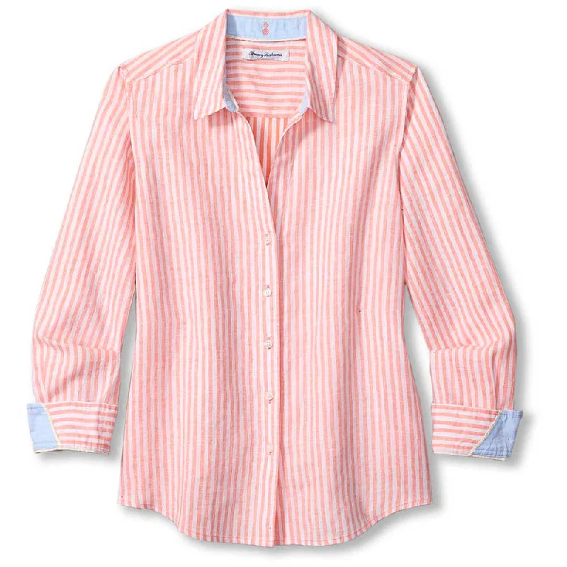 Tommy Bahama Women's Ocean Surf Stripe Button Front Long Sleeve Linen Top - Passion Peach