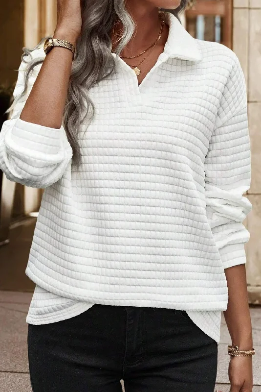 White Textured Solid Color Long Sleeve Top