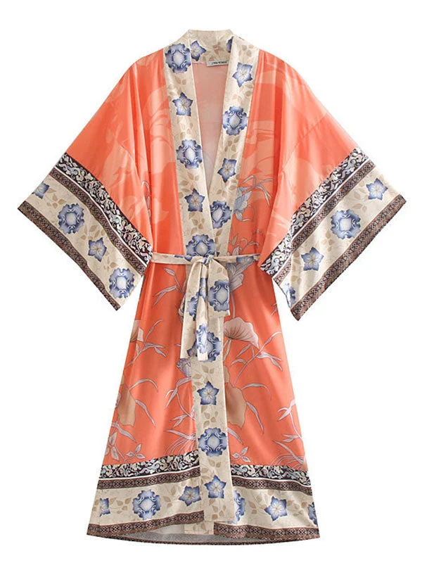 Partywear Floral Print Long Length Orange Color Cotton Gown Robe Kimono