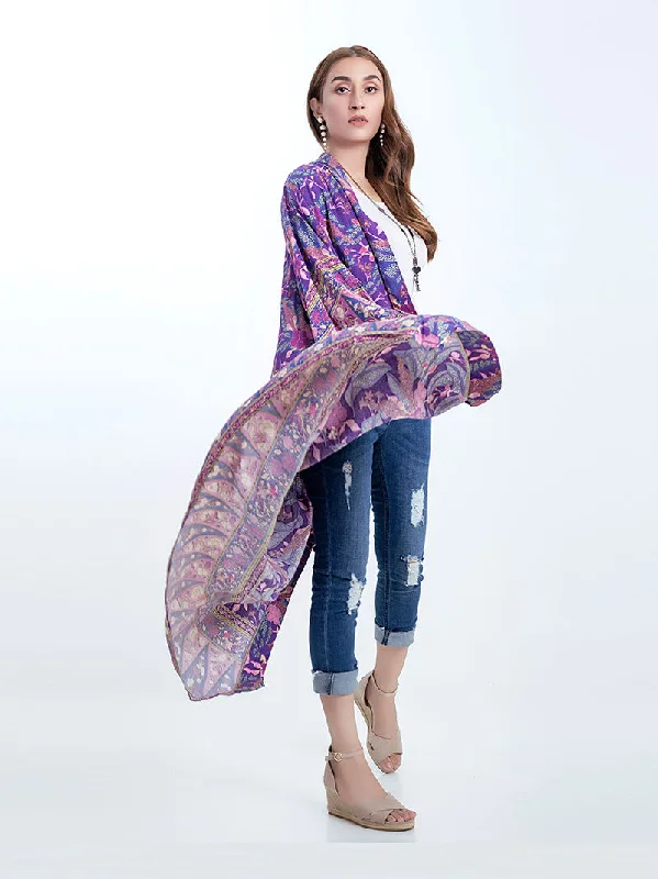 Beachwear & Partywear Floral Print Purple Color Cotton Long Length Gown Kimono Duster Robe