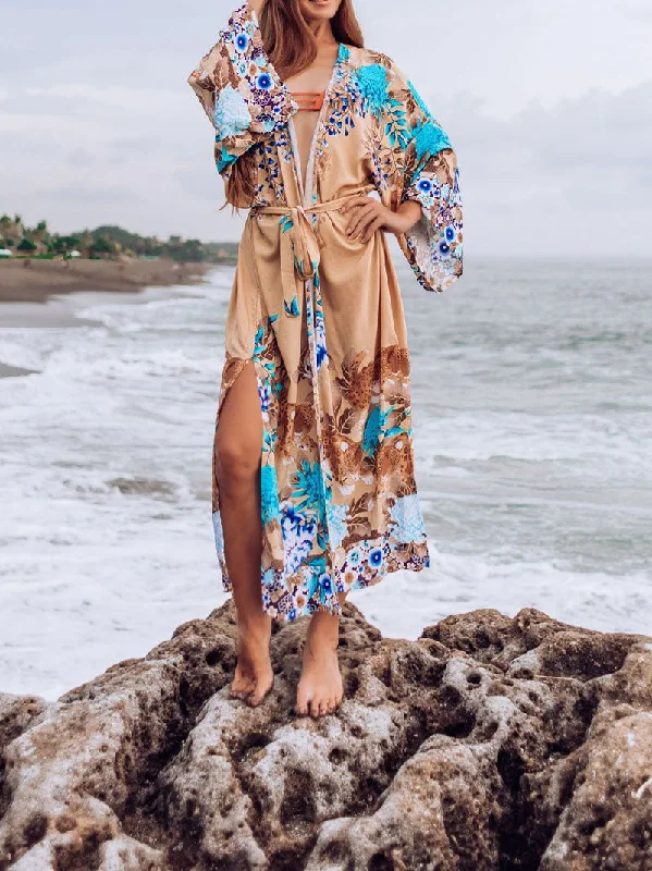 Beachwear Cotton Floral Print With Big Bird on Brown Color Long Length Gown Kimono Duster Robe