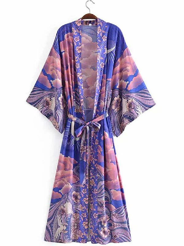 Summer Partywear Floral With Moon Print Purple  Color Silk Long Length Gown Kimono Duster Robe